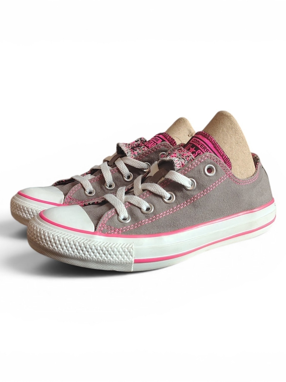 Converse All Stars Low Women's Double Tongue Sneakers Gray/Pink/Leopard Size 6